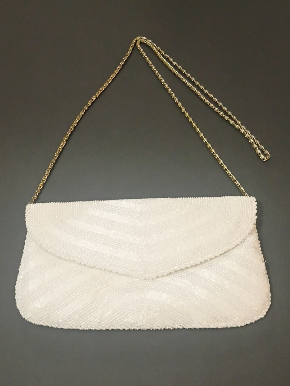 Vintage White Beaded  Clutch with Gold Chain Strap